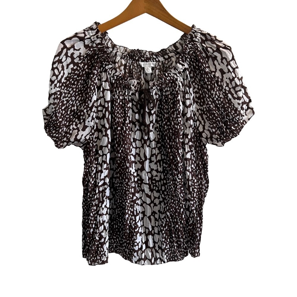 🤎🤍Charter Club Boho Brown and White Printed Puff-Sleeve Blouse Size 12